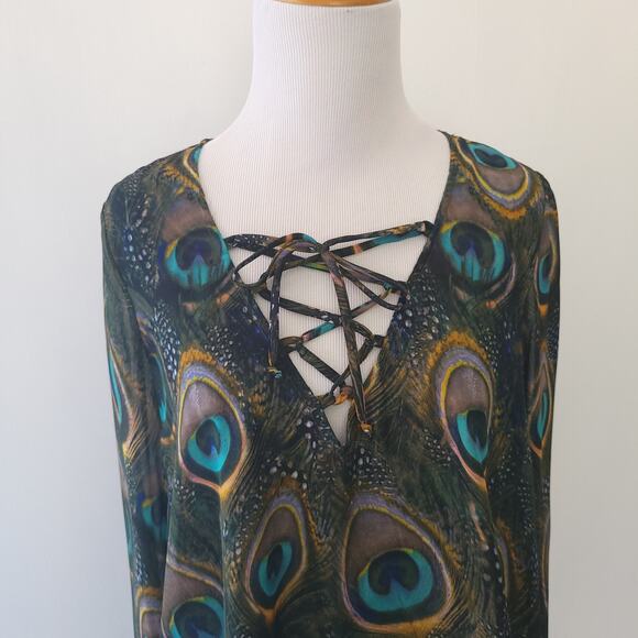 NEW Show Me Your Mumu Zuko Top Peacock Print Lace Up Chiffon Small - Picture 5 of 13